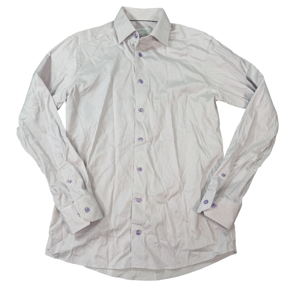 Eton Mens Slim Fit Purple White Striped Long Sleeve Button Down Shirt Size 15.5